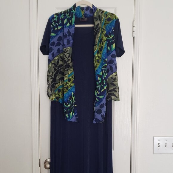 Cascais Woman Navy Blue Multicolor Unique Short Sleeve Formal Long Dress Size 10 - Picture 1 of 13